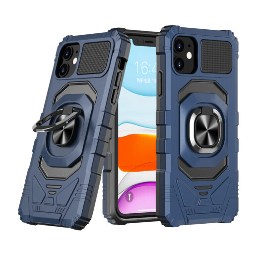 iP15 Pro Max Robotic Hybrid with Magnetic Ring Stand Case Cover - Dark Blue