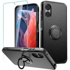 Motorola Moto G Play 2024 Tough Hybrid With Ring Stand + Tempered Glass - Black