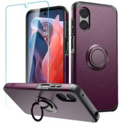 Motorola Moto G Play 2024 Tough Hybrid With Ring Stand + Tempered Glass - Dark Purple