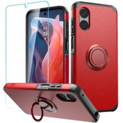 Motorola Moto G Play 2024 Tough Hybrid With Ring Stand + Tempered Glass - Red