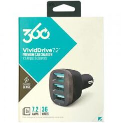 360 Vividdrive 7.2 AMPS 3 USB PORTS PREMIUM CAR CHARGER - BLACK - ITEM SKU - 360537 - (RACK 16 #2)