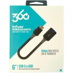 360 INFUSE PREMIUM USB ADAPTER 5GBPS HIGH SPEED DATA TRANSFER - USBC TO USB - 6 INCH - BLACK - ITEM