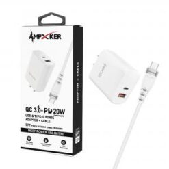 COMBO - USB & Type C - Dual Port - Adapter + 5FT Cable - QC 3.0 Amp + PD 20W - WHITE  (item#9)