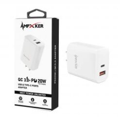 USB & Type C - Dual Port - Adapter - QC 3.0 Amp + PD 20W - WHITE  (item#11)