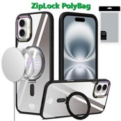 For iPhone 16 Plus 6.7 inch Dazzle [Magnetic Circle] Kickstand Alloy Chrome Transparent Hybrid - Bla
