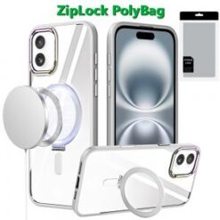 For iPhone 16 Plus 6.7 inch Dazzle Magnetic Ring Stand Alloy Chrome Transparent Hybrid Case Cover -