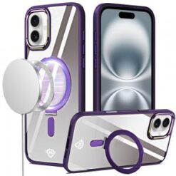 For iPhone 16 Plus 6.7 inch Dazzle Magnetic Ring Stand Alloy Chrome Transparent Hybrid Case Cover -