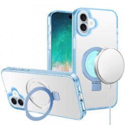 For iPhone 16 Plus 6.7 inch Dotted Edged Line Transparent HQ Magnetic Ring Stand Hybrid - Light Blue