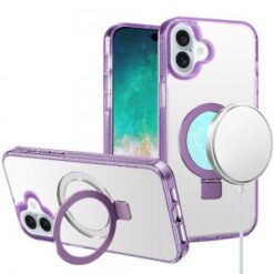 For iPhone 16 Plus 6.7 inch Dotted Edged Line Transparent HQ Magnetic Ring Stand Hybrid - Light Purp