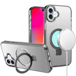 iPhone 16 6.1 inch Dotted Edged Line Transparent HQ Magnetic Ring Stand Hybrid - Light Blue
