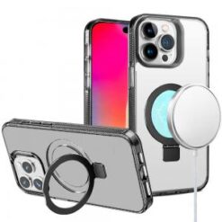 iPhone 16 Pro 6.3 inch Dotted Edged Line Transparent HQ Magnetic Ring Stand Hybrid - Black