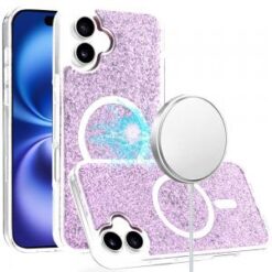 iPhone 16 6.1 inch Magnetic Ring Circle Real Flower Epoxy Glitter Hybrid Case Cover - Light Blue