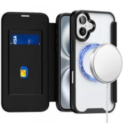 For iPhone 16 Plus 6.7 inch Flap [Magnetic Circle] Transparent Hybrid - Black