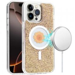 iPhone 16 Pro Max 6.9 inch Magnetic Ring Circle Real Flower Epoxy Glitter Hybrid Case Cover - Go