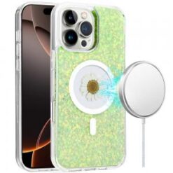 iPhone 16 Pro Max 6.9 inch Magnetic Ring Circle Real Flower Epoxy Glitter Hybrid Case Cover - Gr