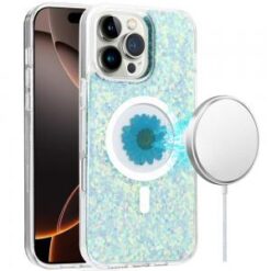iPhone 16 Pro Max 6.9 inch Magnetic Ring Circle Real Flower Epoxy Glitter Hybrid Case Cover - Li