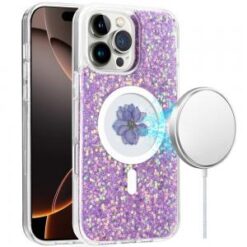 iPhone 16 Pro Max 6.9 inch Magnetic Ring Circle Real Flower Epoxy Glitter Hybrid Case Cover - Li