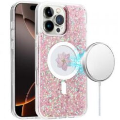 iPhone 16 Pro Max 6.9 inch Magnetic Ring Circle Real Flower Epoxy Glitter Hybrid Case Cover - Ro