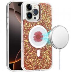 iPhone 16 Pro Max 6.9 inch Magnetic Ring Circle Real Flower Epoxy Glitter Hybrid Case Cover - Re