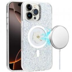 iPhone 16 Pro Max 6.9 inch Magnetic Ring Circle Real Flower Epoxy Glitter Hybrid Case Cover - Si