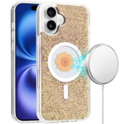 For iPhone 16 Plus 6.7 inch Magnetic Ring Circle Real Flower Epoxy Glitter Hybrid Case Cover - Gold