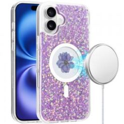 For iPhone 16 Plus 6.7 inch Magnetic Ring Circle Real Flower Epoxy Glitter Hybrid Case Cover - Light