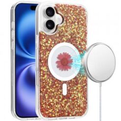 For iPhone 16 Plus 6.7 inch Magnetic Ring Circle Real Flower Epoxy Glitter Hybrid Case Cover - Red