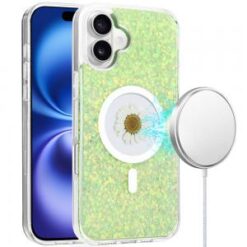 iPhone 16 6.1 inch Magnetic Ring Circle Real Flower Epoxy Glitter Hybrid Case Cover - Red