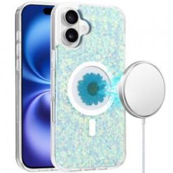 iPhone 16 6.1 inch Magnetic Ring Circle Real Flower Epoxy Glitter Hybrid Case Cover - Green