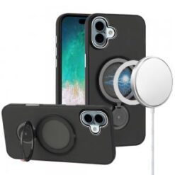 For iPhone 16 Plus 6.7 inch Hoop Kickstand [Magnetic Circle] HD Transparent Chrome Hybrid - Black
