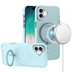 For iPhone 16 Plus 6.7 inch Hoop Kickstand [Magnetic Circle] HD Transparent Chrome Hybrid - Sky Blue