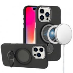 iPhone 16 Pro 6.3 inch Hoop Kickstand [Magnetic Circle] HD Transparent Chrome Hybrid - Black