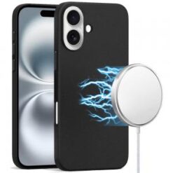 For iPhone 16 Plus 6.7 inch PU Leather with inner [Magnetic Circle] Colored Metal Buttons - Black