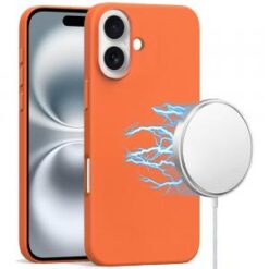 For iPhone 16 Plus 6.7 inch PU Leather with inner [Magnetic Circle] Colored Metal Buttons - Orange
