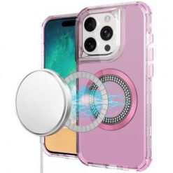 iPhone 16 Pro Max 6.9 inch Magnetic Ring Circle Bling Chrome 3in1 Hybrid Case - Pink