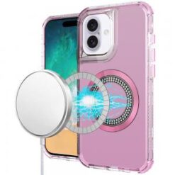 For iPhone 16 Plus 6.7 inch Magnetic Ring Circle Bling Chrome 3in1 Hybrid Case - Pink