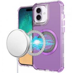 For iPhone 16 Plus 6.7 inch Magnetic Ring Circle Bling Chrome 3in1 Hybrid Case - Purple