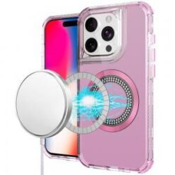 iPhone 16 Pro 6.3 inch Magnetic Ring Circle Bling Chrome 3in1 Hybrid Case - Pink