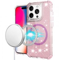 iPhone 16 Pro 6.3 inch Magnetic Ring Glitter 3in1 Hybrid Case Cover - Pink