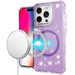 iPhone 16 Pro 6.3 inch Magnetic Ring Glitter 3in1 Hybrid Case Cover - Purple