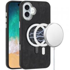 For iPhone 16 Plus 6.7 inch Fashion PU Vegan Chrome Edged Case Cover - Black