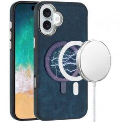 For iPhone 16 Plus 6.7 inch Fashion PU Vegan Chrome Edged Case Cover - Dark Blue