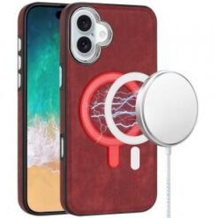 For iPhone 16 Plus 6.7 inch Fashion PU Vegan Chrome Edged Case Cover - Red
