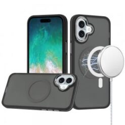 For iPhone 16 Plus 6.7 inch Royal Magnetic Ring Skin-Touch HQ Metal Buttons/Camera Lip Hybrid - Blac