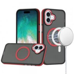 For iPhone 16 Plus 6.7 inch Royal Magnetic Ring Skin-Touch HQ Metal Buttons/Camera Lip Hybrid - Red