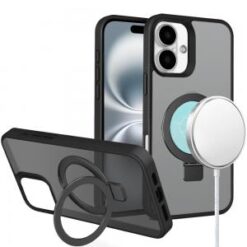 For iPhone 16 Plus 6.7 inch Skin Touch Feel HQ [Magnetic Circle] Kickstand Hybrid - Black