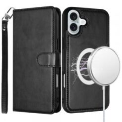 For iPhone 16 Plus 6.7 inch Magnetic Ring Compatible Deattachable PU Leather Hybrid Wallet Money Car