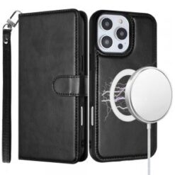 iPhone 16 Pro 6.3 inch Magnetic Ring Compatible Deattachable PU Leather Hybrid Wallet Money Card