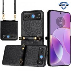 For Motorola Razr 2024 METKASE Embossed Floral Design Case Cover with Strap in Slide-Out Package - B