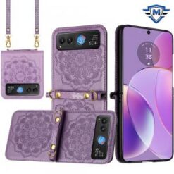 For Motorola Razr 2024 METKASE Embossed Floral Design Case Cover with Strap in Slide-Out Package - P